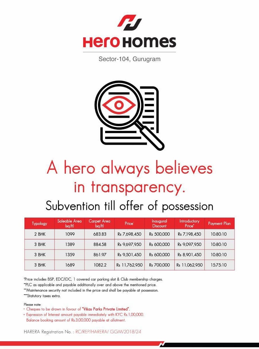 Hero Homes Gurgaon offers subvention payment plan till possession Update